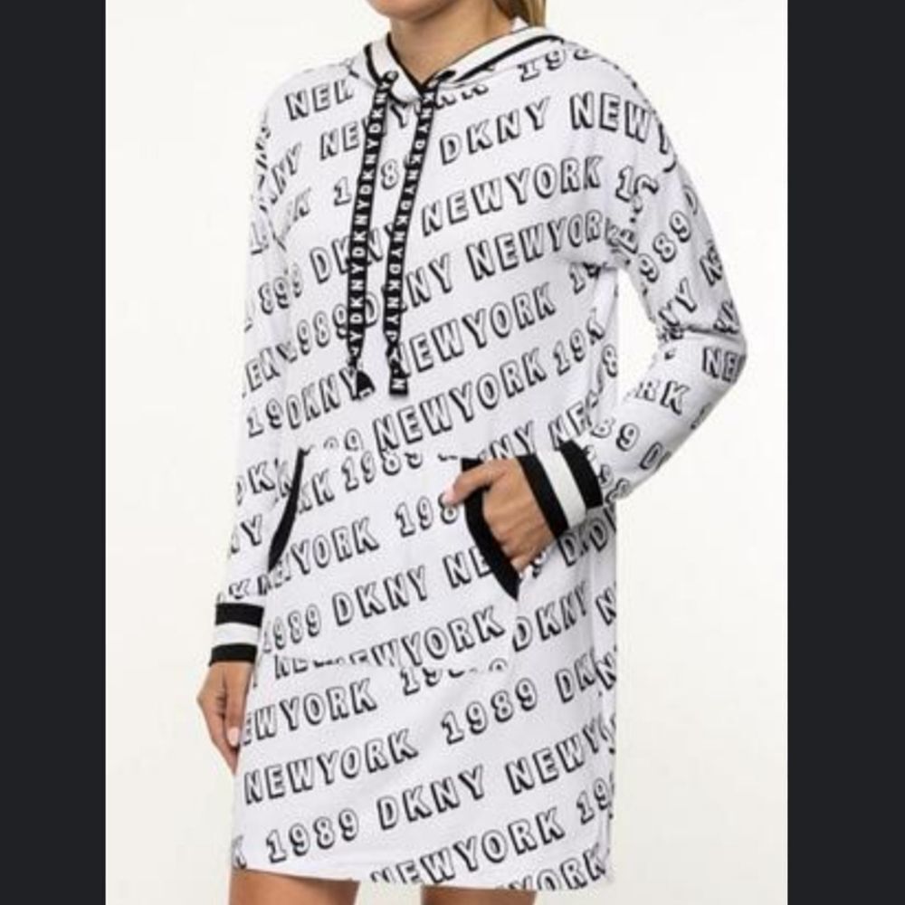 DKNY Loungewear Black & White Logo Hoodie Dress / Night Gown